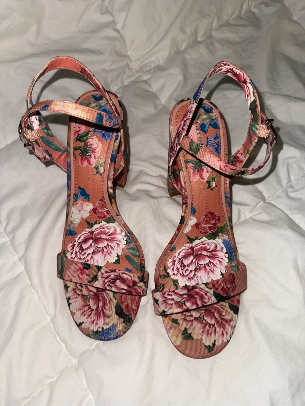 Gianni Bini Pink Floral Ankle-Strap Block Heels